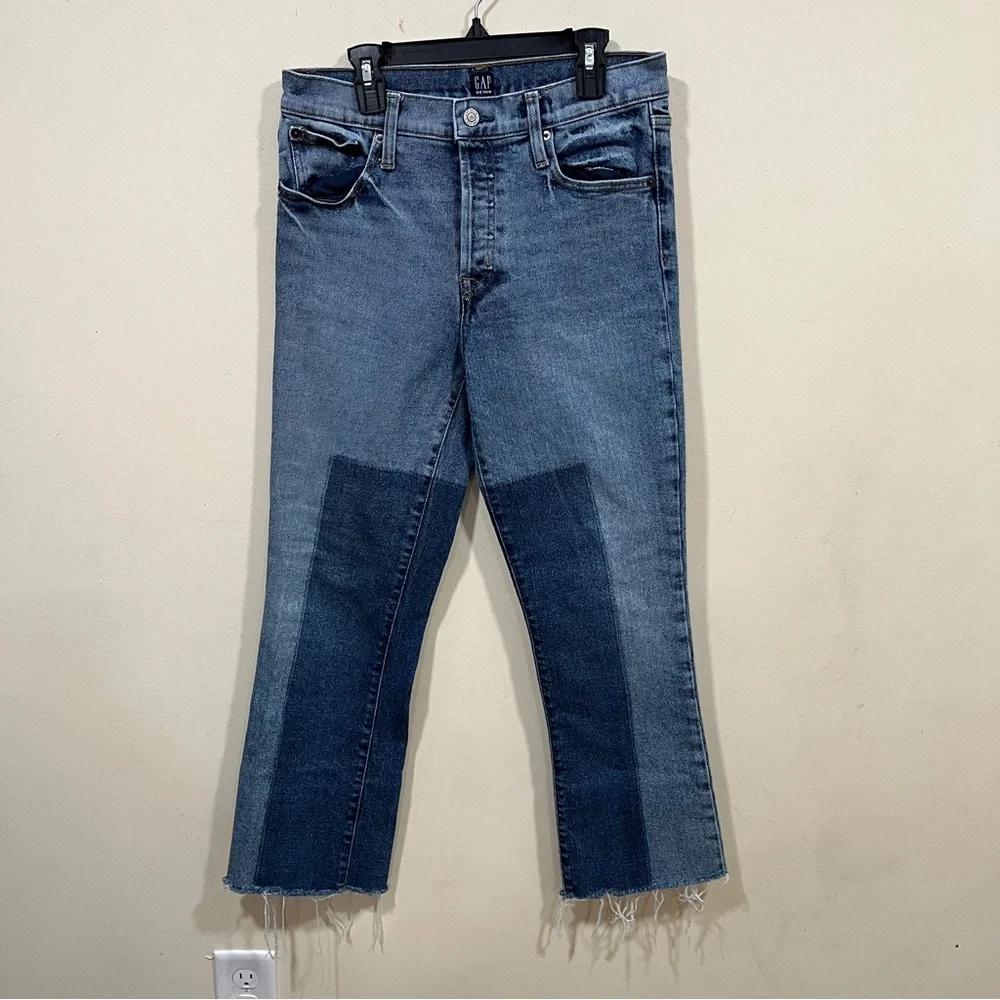 Gap cropped, flare-leg jeans two-tone denim patchwork panels flare raw hem 27 R - Picture 5 of 9